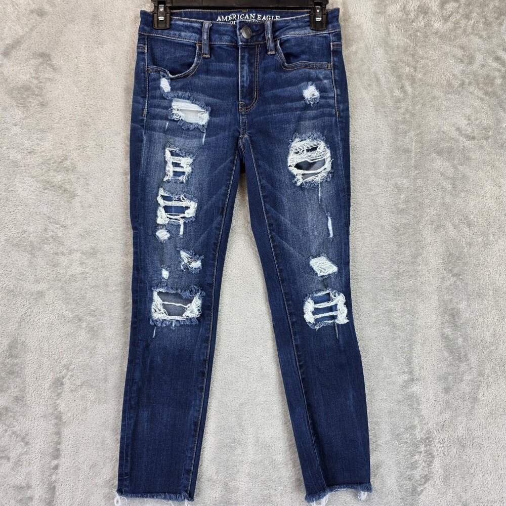 American Eagle Jegging Crop Jeans Womens 2 Distressed Ripped Super Stretch Denim
